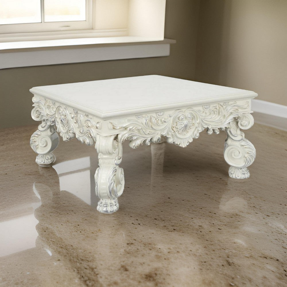 Ataa 50 Inch Square Coffee Table, Ornate Floral Carvings, Claw Feet, White By Casagear Home