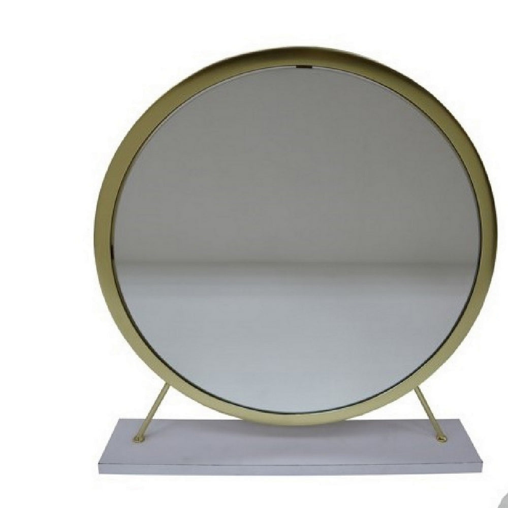 Rose Round Vanity Mirror with Stool Faux Fur Seat Brass White