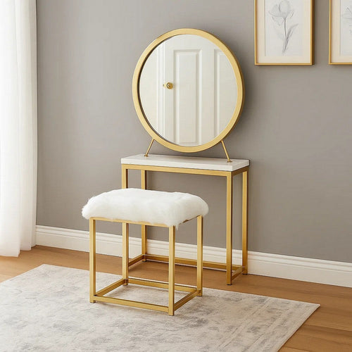 Rose Round Vanity Mirror with Stool, Faux Fur Seat, Brass, White