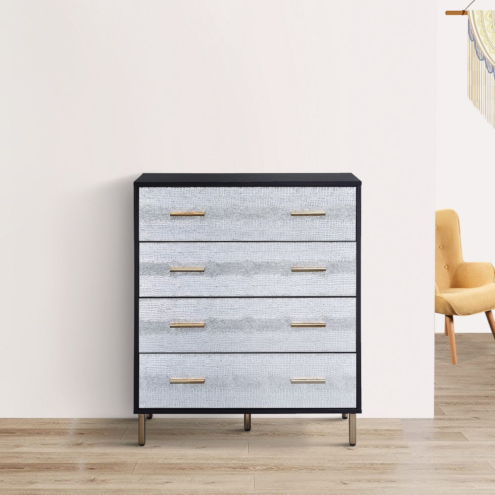 Emily 37 Inch Wood Tall Dresser Chest, 4 Drawers, Gold Handles, Black