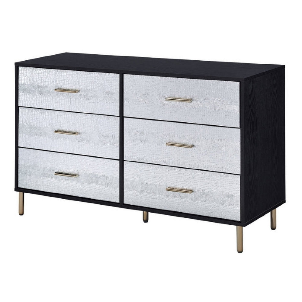 Emily 47 Inch Wood Side Dresser with 6 Drawers, Metal Bar Handles, Black