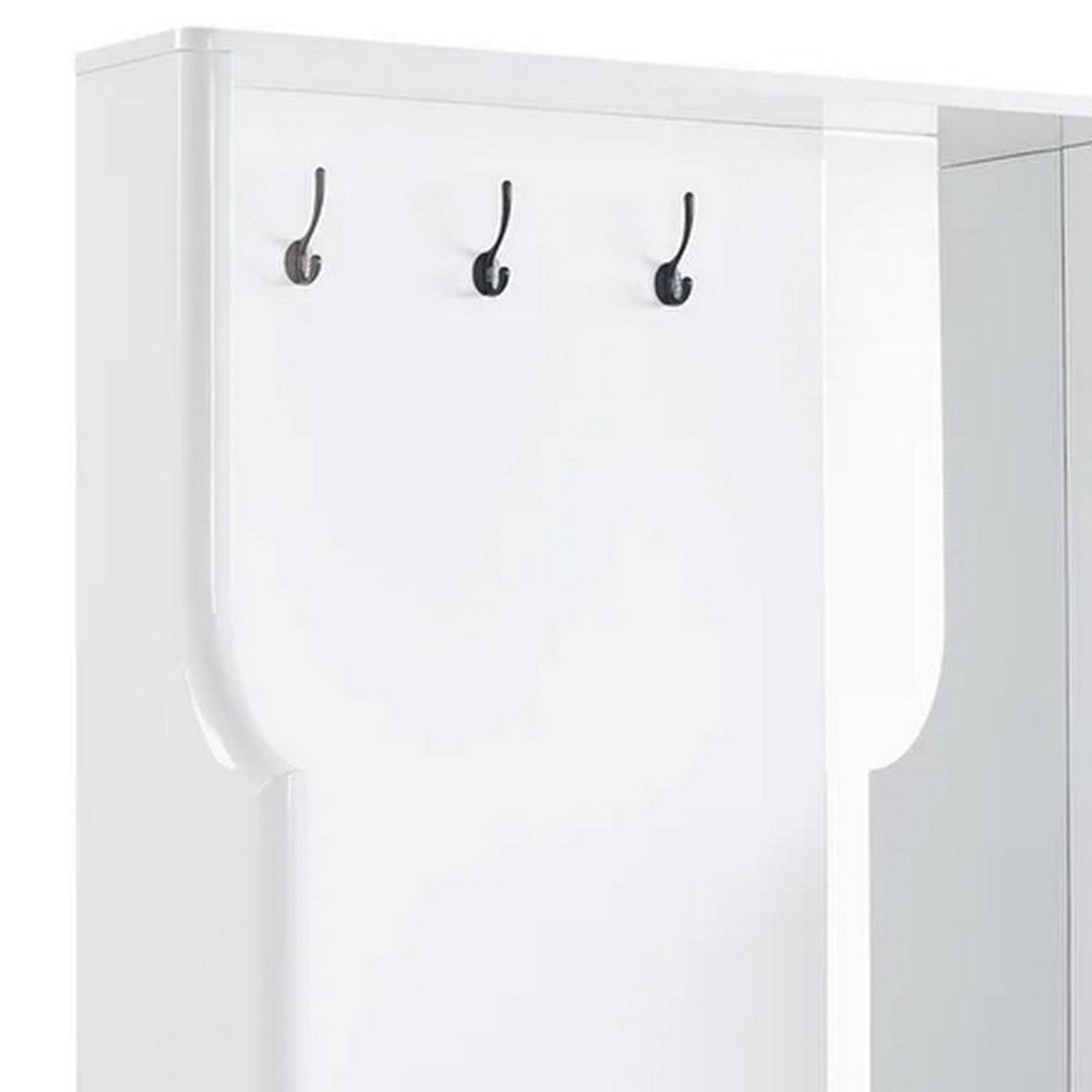 76 Inch Coat Hanger Shoe Storage With Bench Cabinet Mirror White BM279012