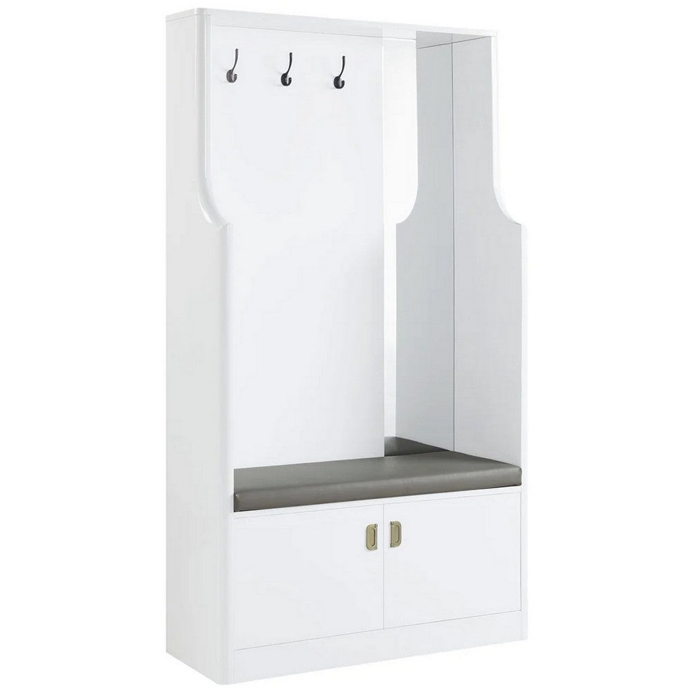 76 Inch Coat Hanger, Shoe Storage With Bench, Cabinet, Mirror, White