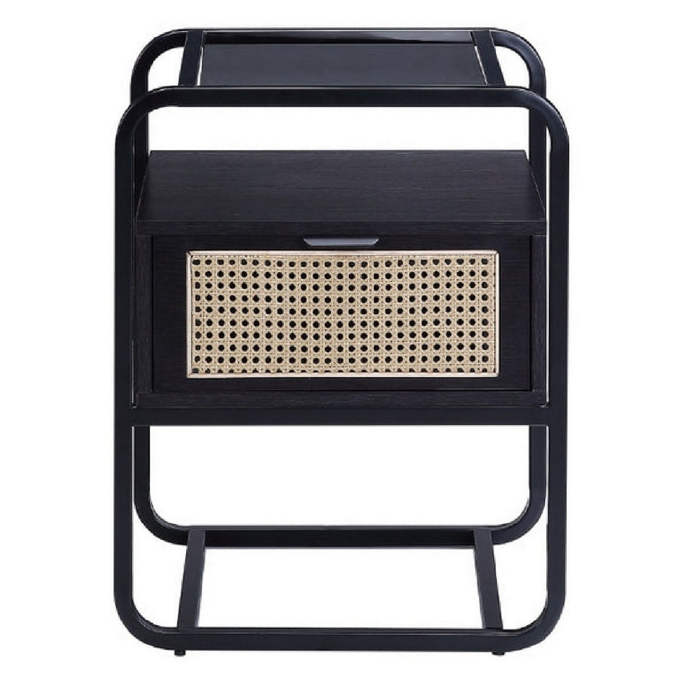 24 Inch Wood Accent Table Tempered Glass Table Top Pull Out Drawer Black BM279019