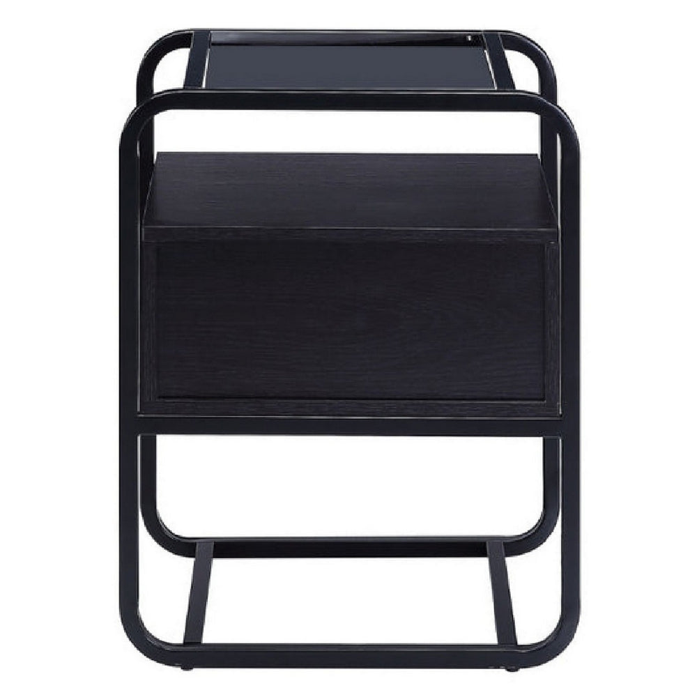 24 Inch Wood Accent Table Tempered Glass Table Top Pull Out Drawer Black BM279019