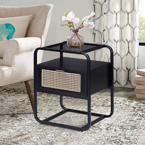 24 Inch Wood Accent Table, Tempered Glass Table Top, Pull Out Drawer, Black