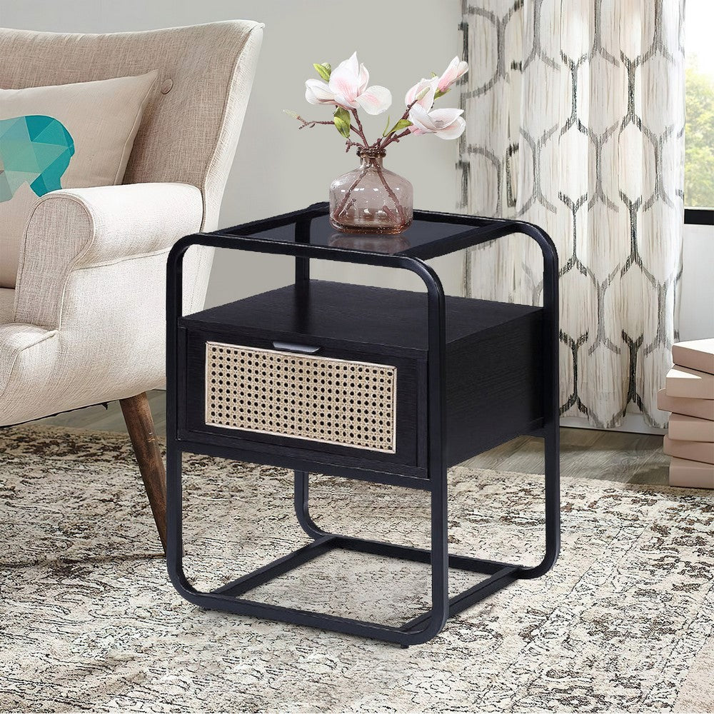 24 Inch Wood Accent Table, Tempered Glass Table Top, Pull Out Drawer, Black