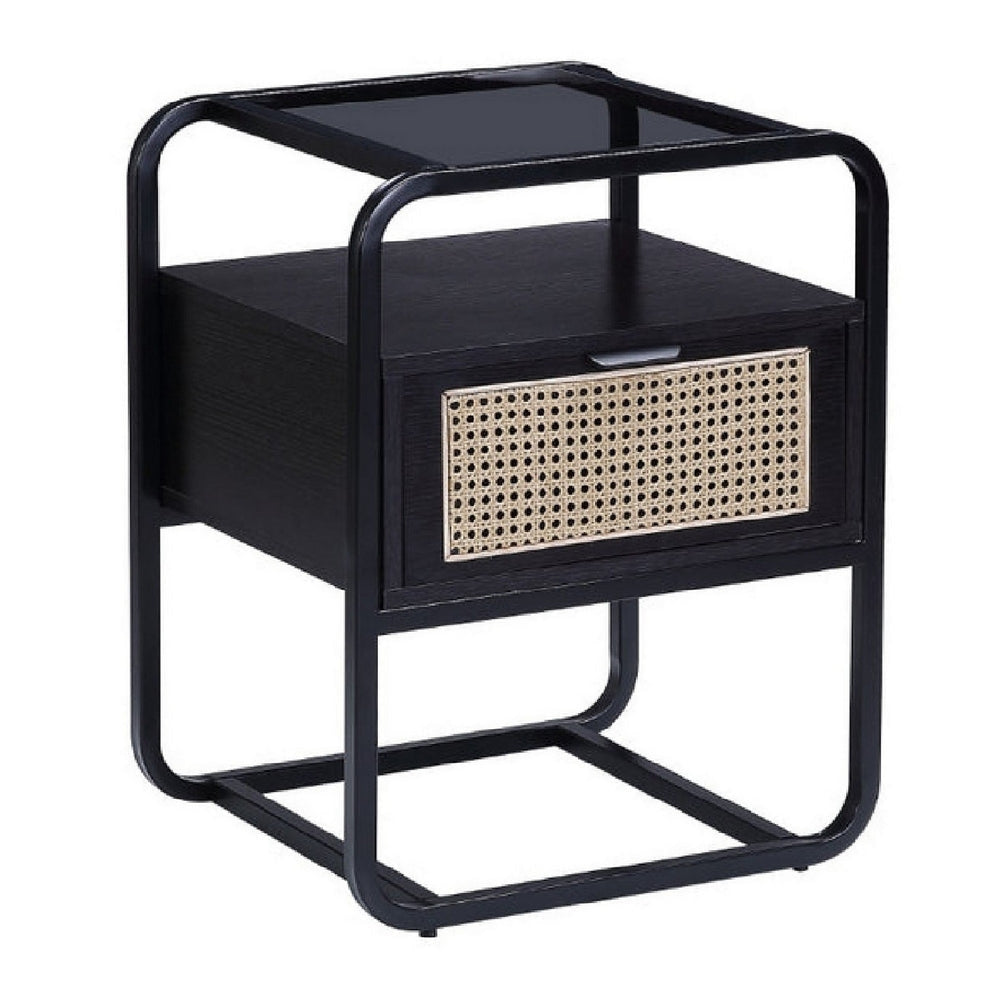 24 Inch Wood Accent Table, Tempered Glass Table Top, Pull Out Drawer, Black