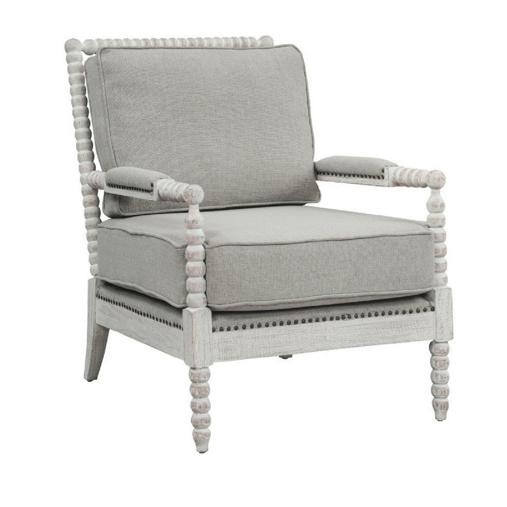San 39 Inch Fabric Accent Chair, Armrests, Nailhead Trim, Gray, Light Oak