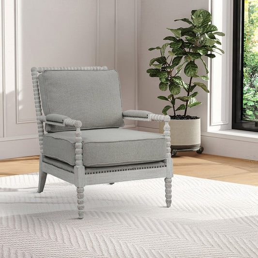 San 39 Inch Fabric Accent Chair, Armrests, Nailhead Trim, Gray, Light Oak