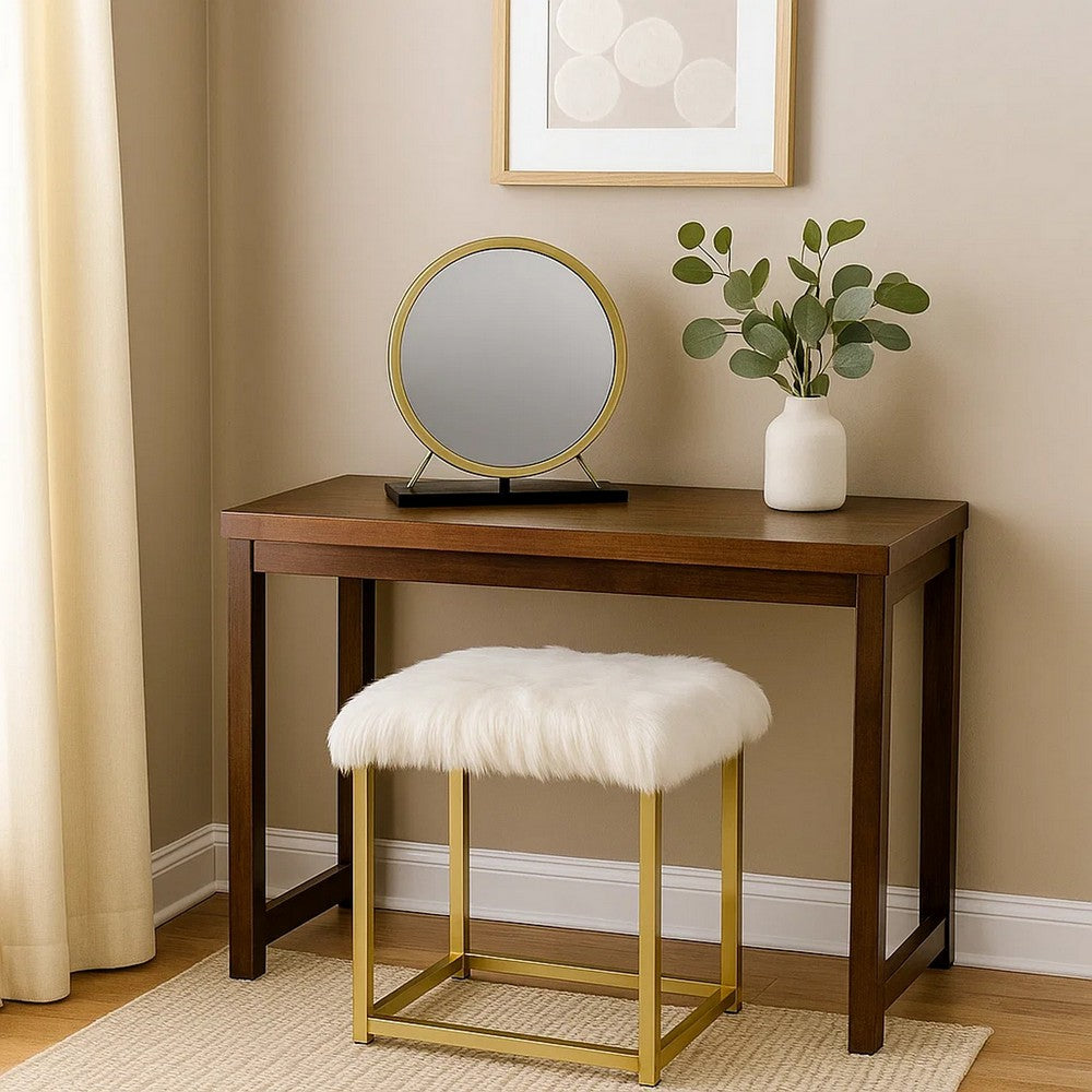 Rose Round Vanity Mirror with Stool, Faux Fur Seat, Brass, Black