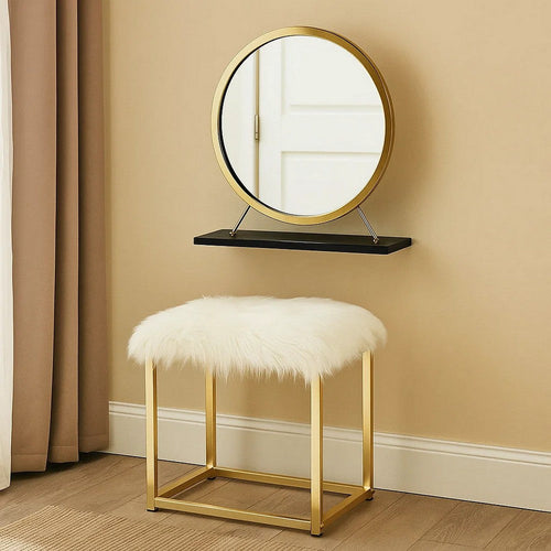 Rose Round Vanity Mirror with Stool, Faux Fur Seat, Brass, Black