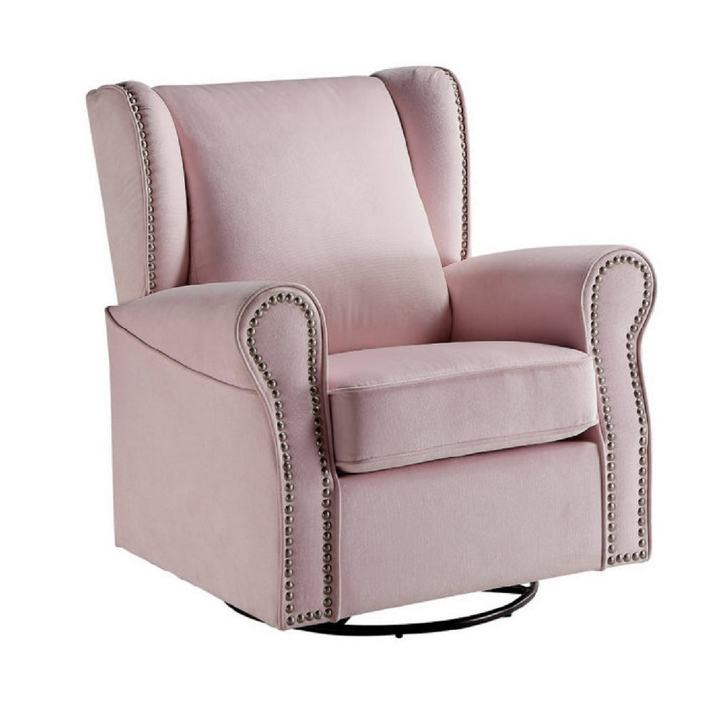 35 Inch Accent Swivel Chair, Glider, Nailhead Trim, Light Pink