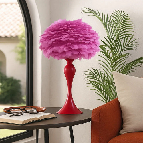 Lily Table Lamp | 24" | Feather Shade | Candlestick | Pink, Red