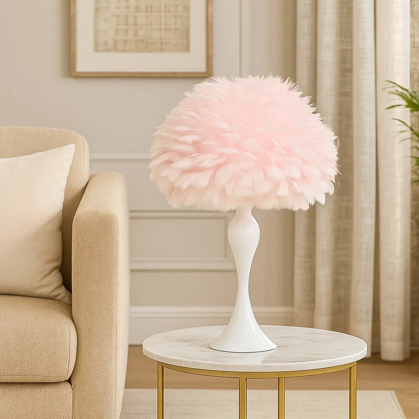 Lily Table Lamp | 24" | Feather Shade | Candlestick | Pink, White