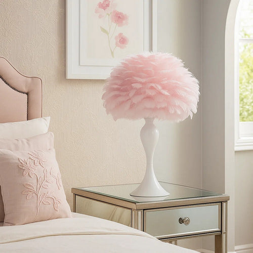Lily Table Lamp | 24" | Feather Shade | Candlestick | Pink, White