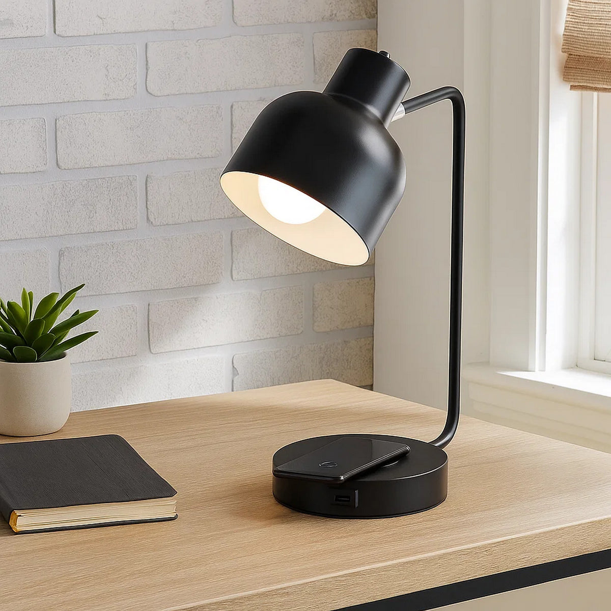 Metal Table Lamp | 15" | Adjustable | Wireless Charging | Black