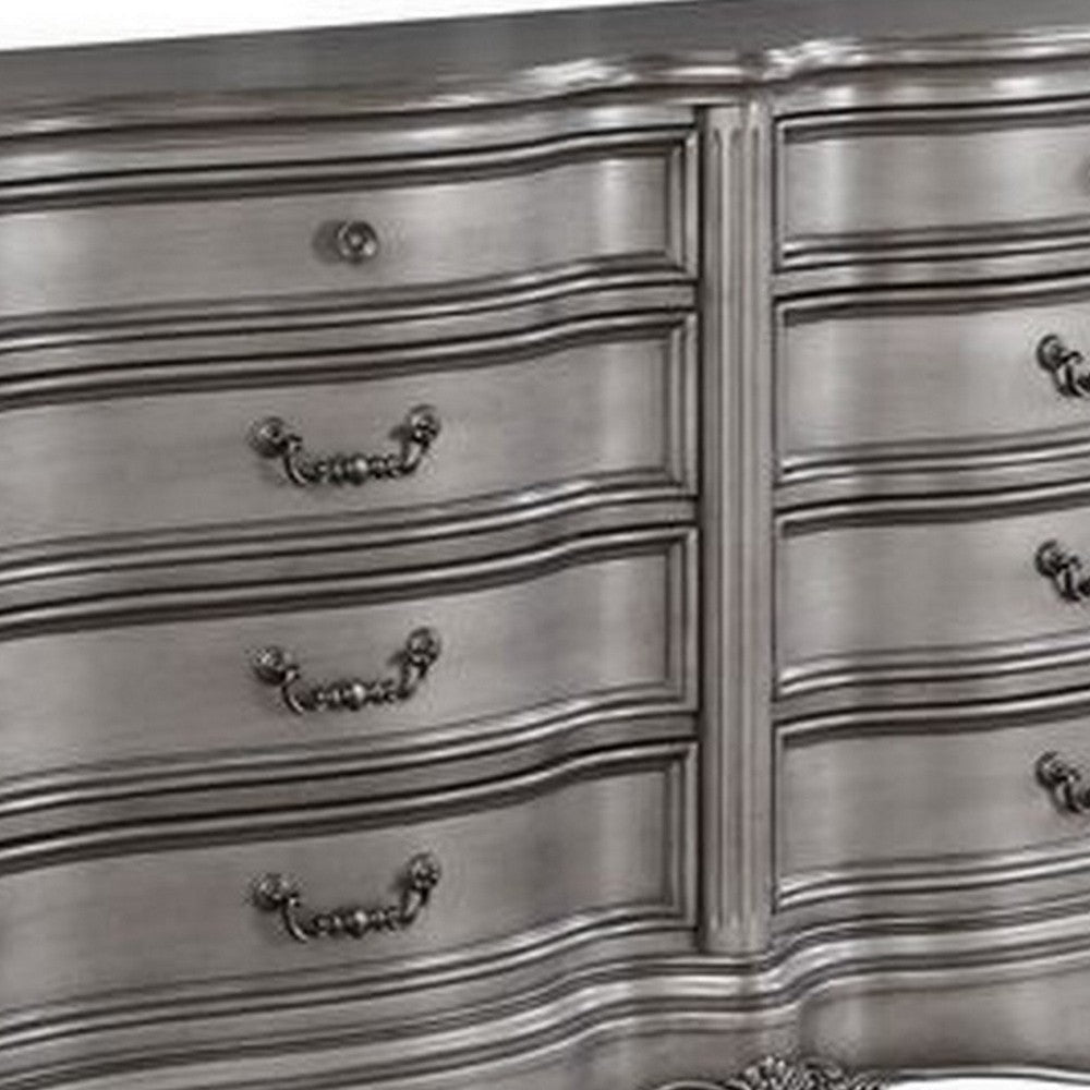 68 Inch 8 Drawer Wood Dresser Carved Embellishments Antique Silver BM279138