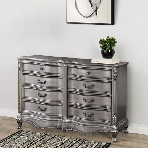 68 Inch 8 Drawer Wood Dresser, Carved Embellishments, Antique Silver