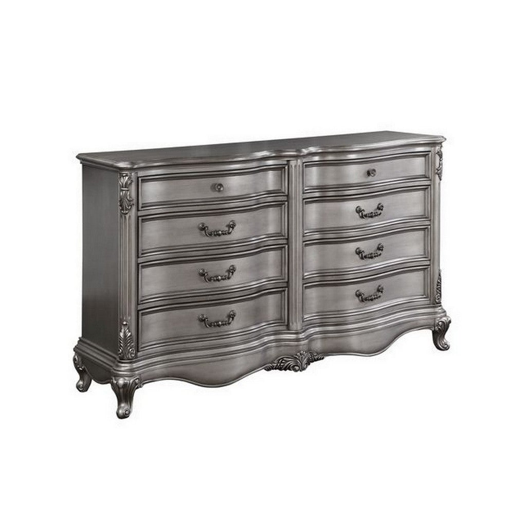 68 Inch 8 Drawer Wood Dresser, Carved Embellishments, Antique Silver