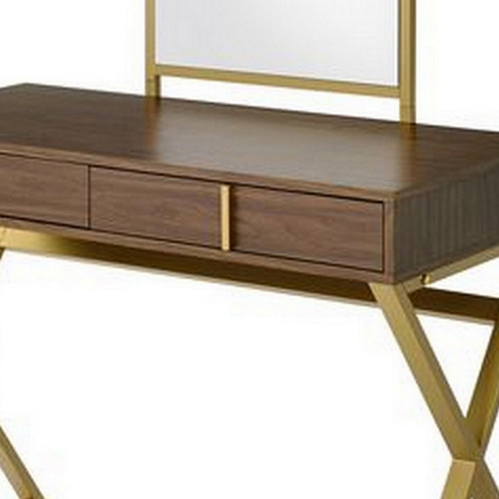 50 Inch Classic Arched Mirror Vanity Desk Wood X Metal Frame Brown Gold BM279149