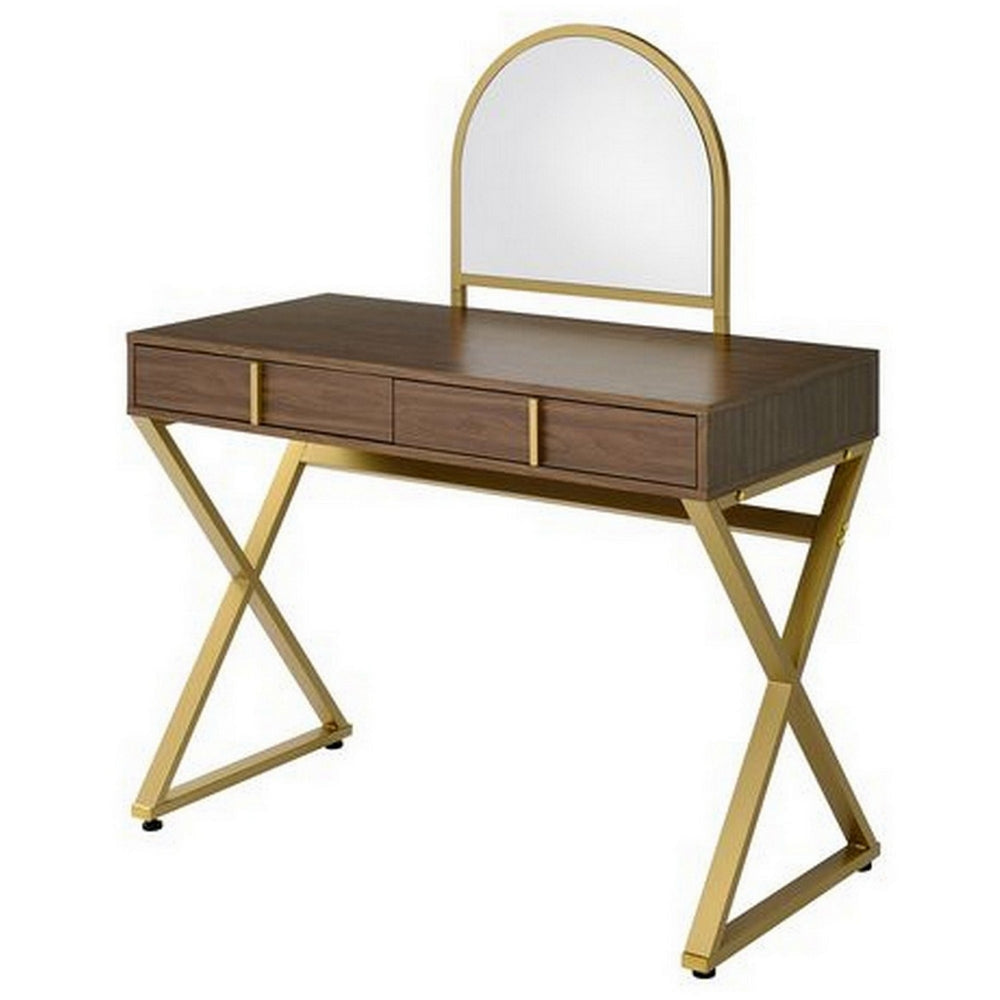50 Inch Classic Arched Mirror Vanity Desk, Wood, X Metal Frame, Brown, Gold