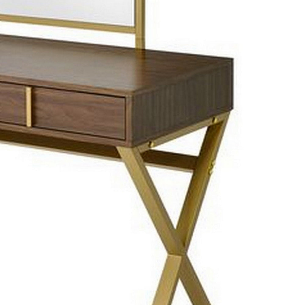 50 Inch Classic Arched Mirror Vanity Desk Wood X Metal Frame Brown Gold BM279149