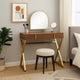 50 Inch Classic Arched Mirror Vanity Desk, Wood, X Metal Frame, Brown, Gold