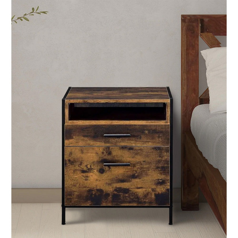 Nat 23 Inch Rustic Wood Nightstand 2 Drawers Brown and Black BM279151