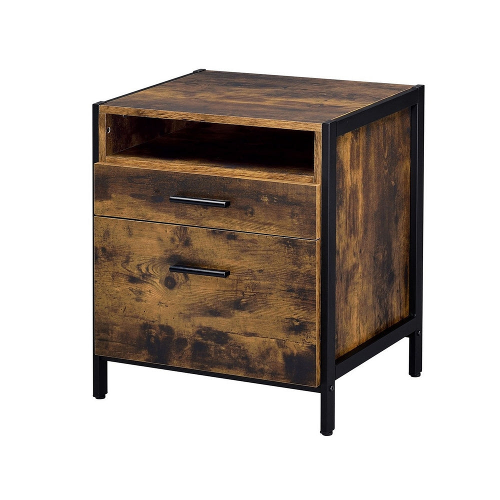 Nat 23 Inch Rustic Wood Nightstand, 2 Drawers, Brown and Black
