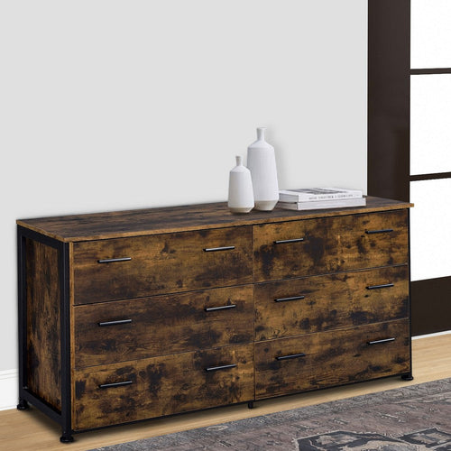 Nat 59 Inch Rustic Wood Dresser, 6 Drawers, Brown and Black
