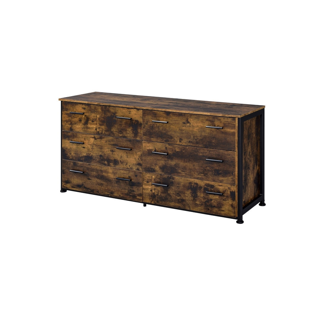 Nat 59 Inch Rustic Wood Dresser, 6 Drawers, Brown and Black