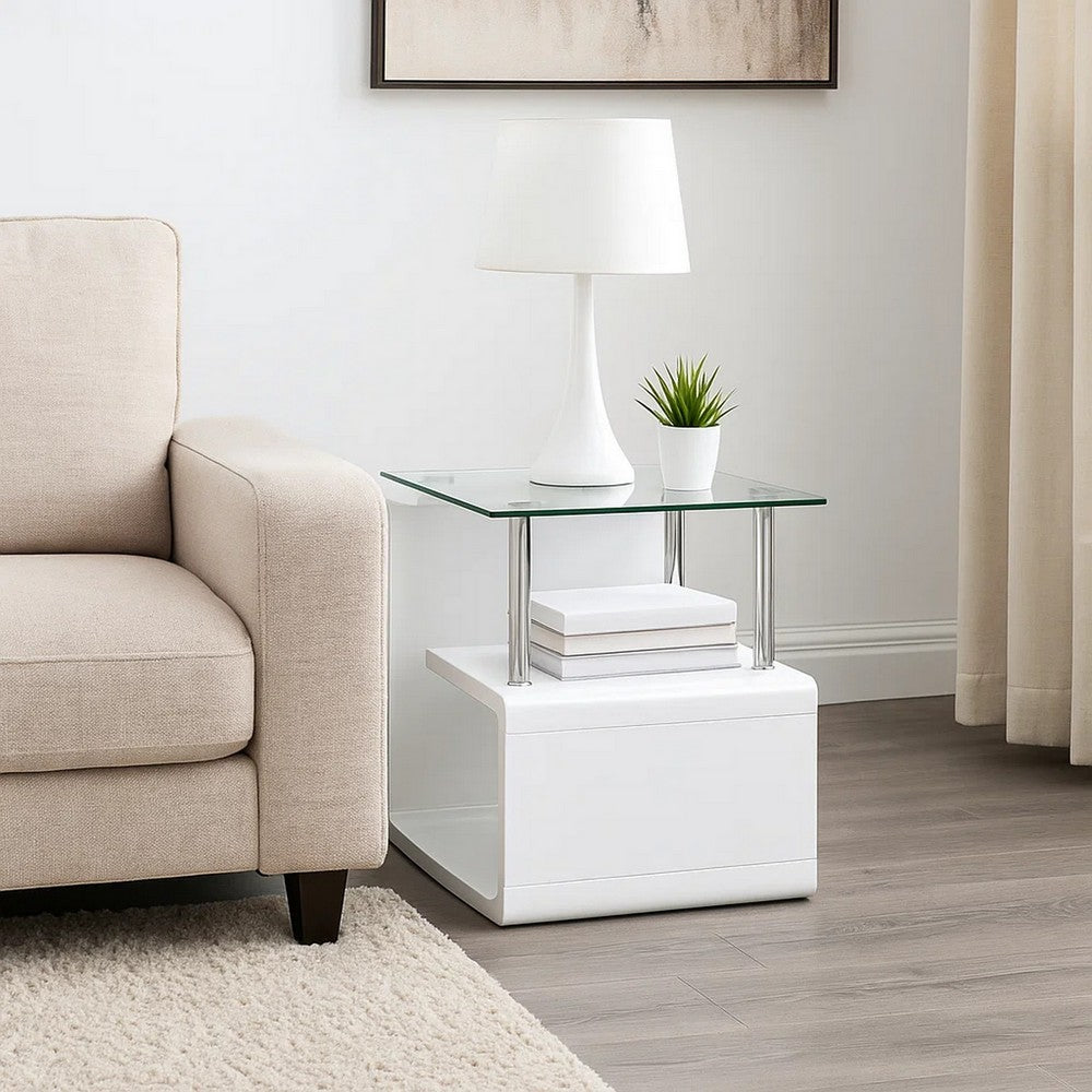 Accent End Table | 24" Square | Glass Top | Open Shelf | White