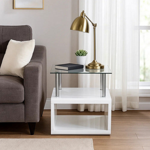 Accent End Table | 24" Square | Glass Top | Open Shelf | White