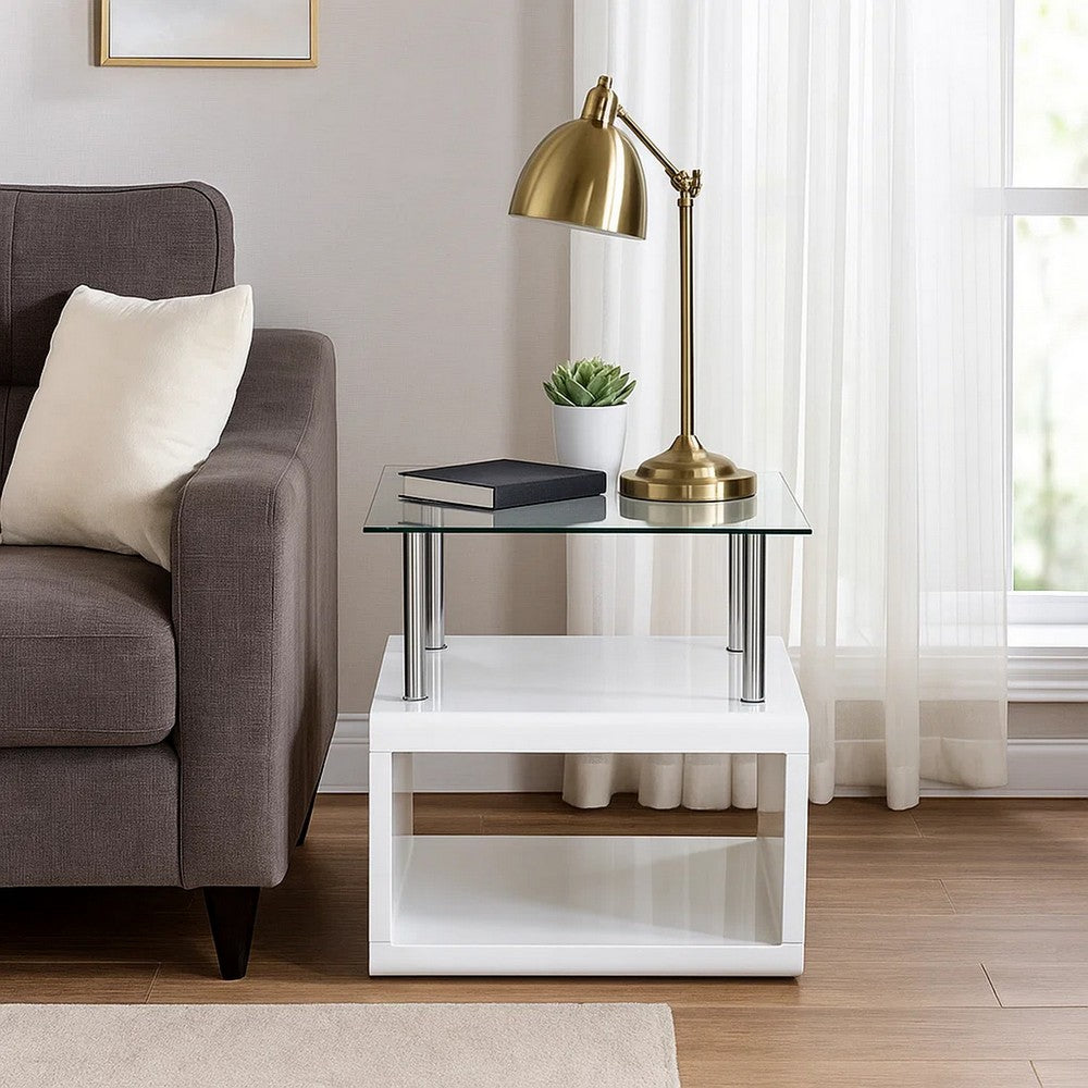 Accent End Table | 24" Square | Glass Top | Open Shelf | White