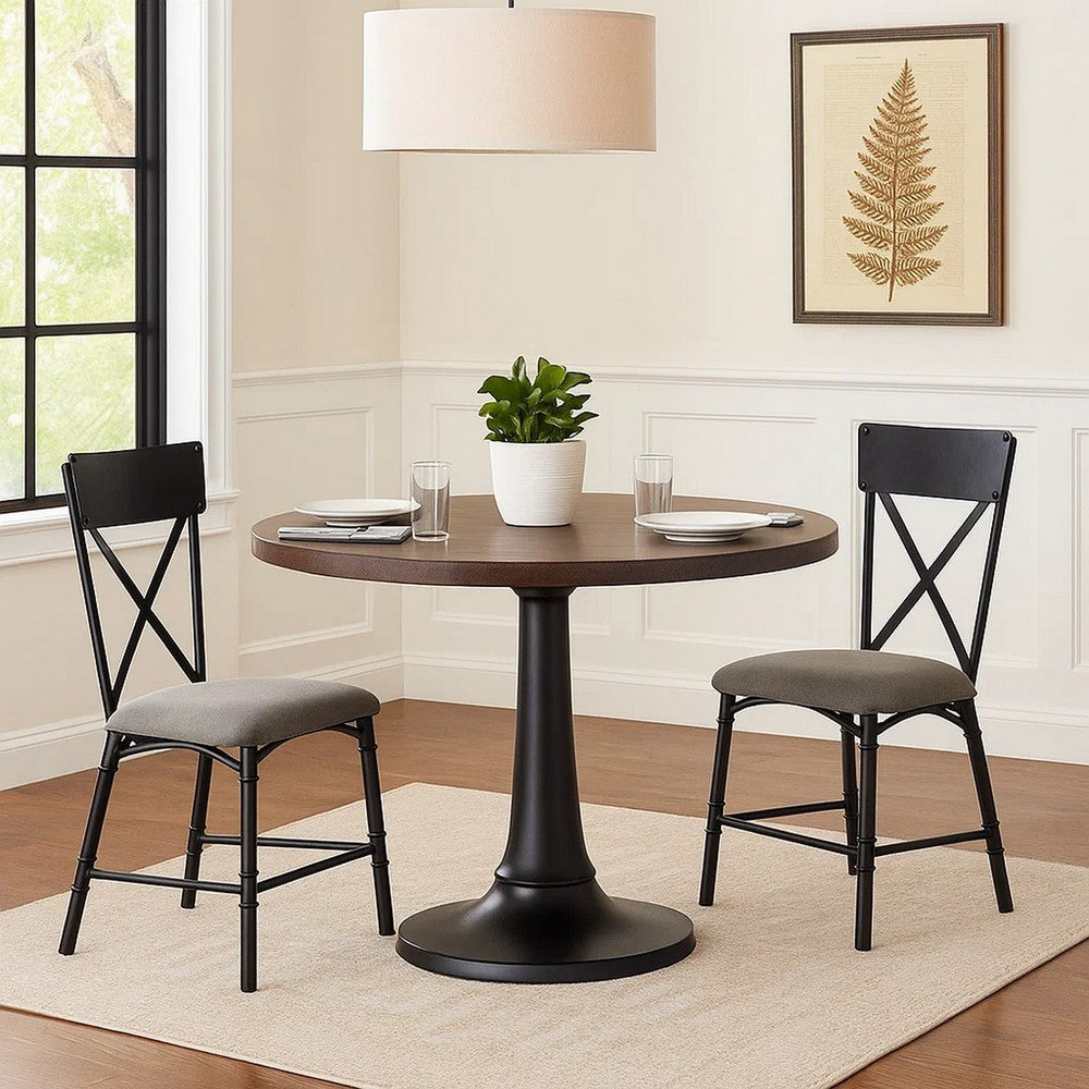 21 Inch Metal Dining Side Chair, Fabric Seat, X Back, Set of 2, Gray