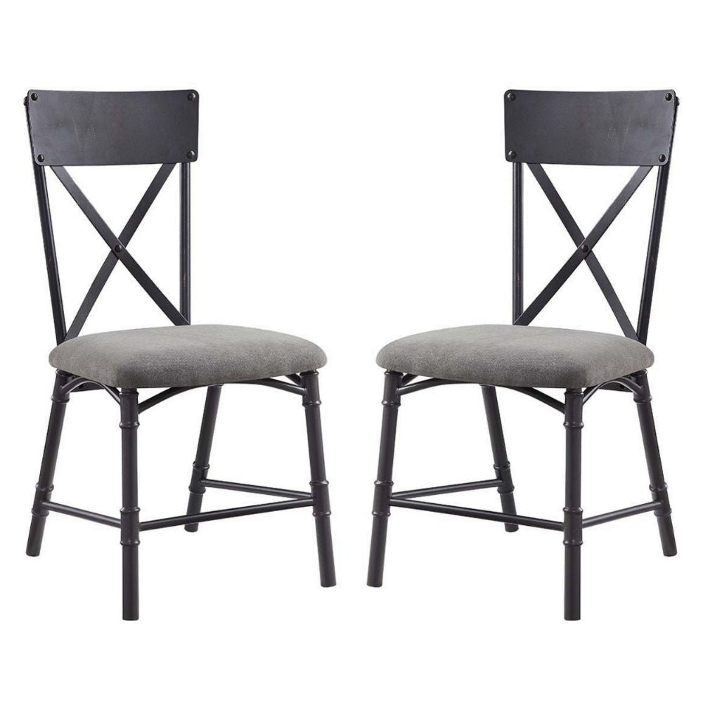 21 Inch Metal Dining Side Chair, Fabric Seat, X Back, Set of 2, Gray