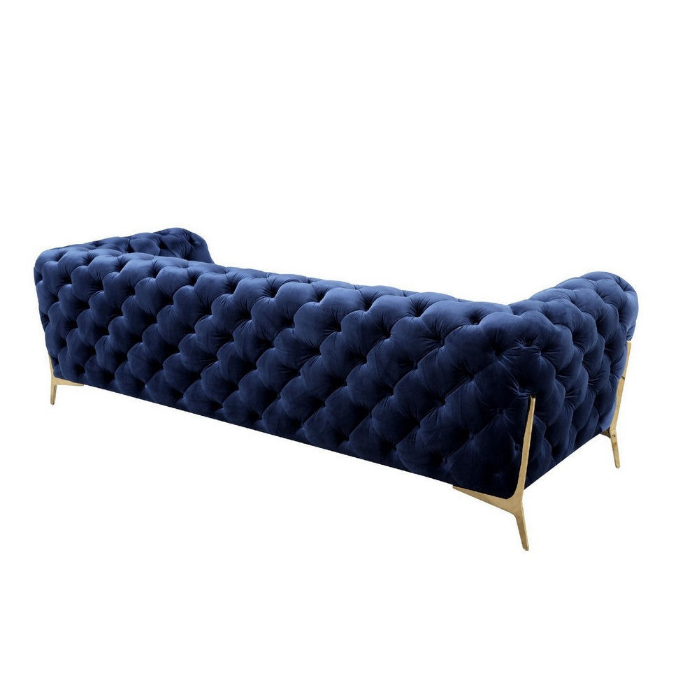 Reno Joni 97 Inch Modern Sofa Chesterfield Velour Fabric Blue Gold By Casagear Home BM279671