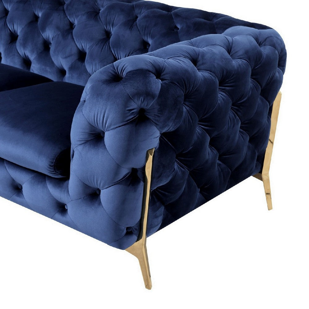 Reno Joni 97 Inch Modern Sofa Chesterfield Velour Fabric Blue Gold By Casagear Home BM279671