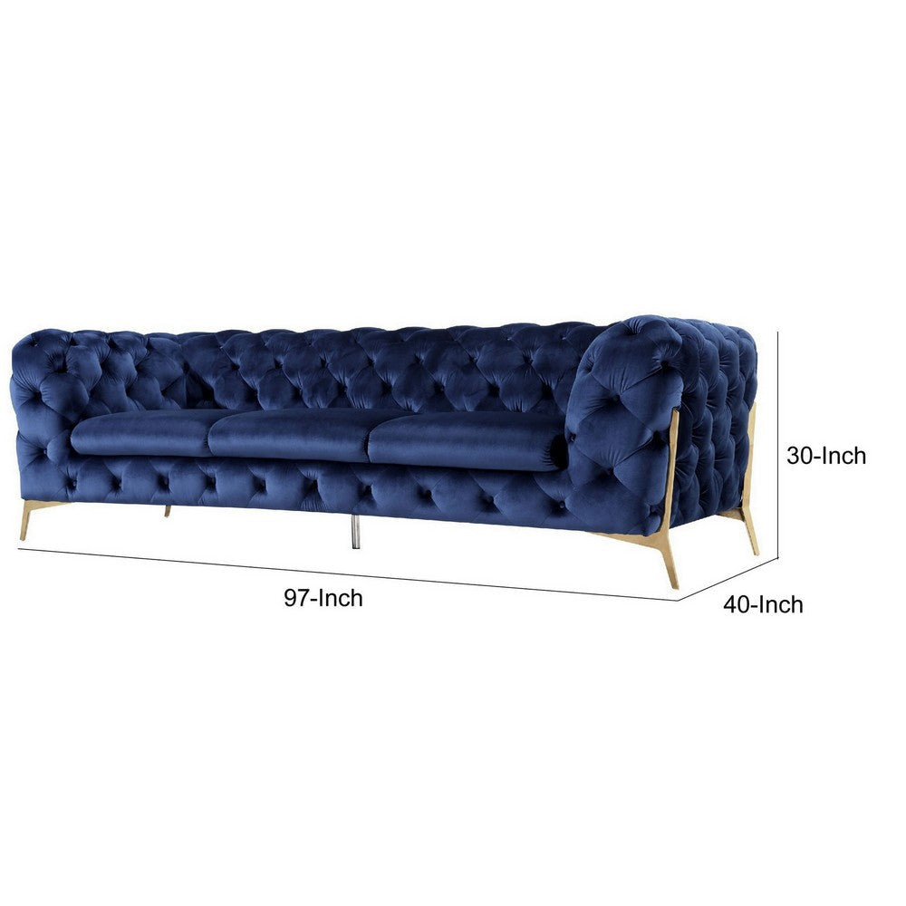 Reno Joni 97 Inch Modern Sofa Chesterfield Velour Fabric Blue Gold By Casagear Home BM279671