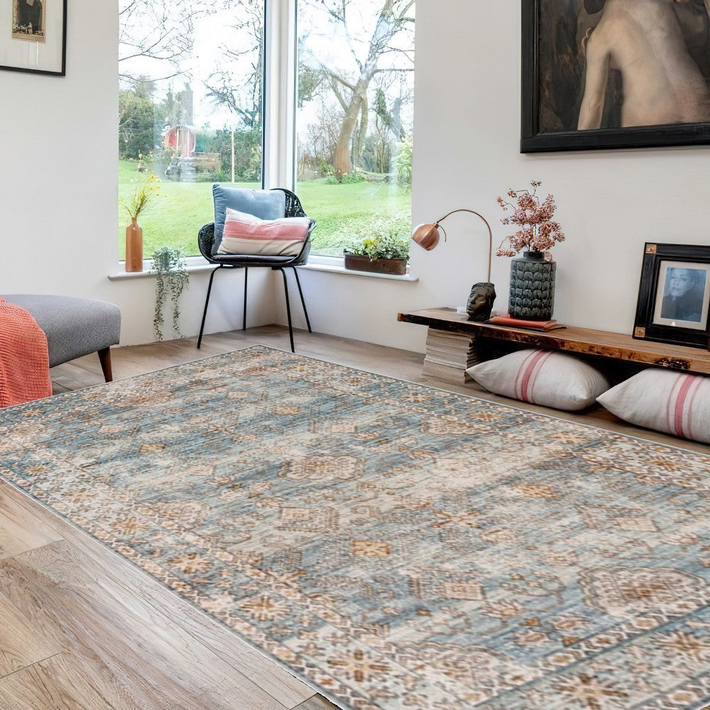 Mia Area Rug | 7 x 5 | Vintage Border | Washable | 2 Tone