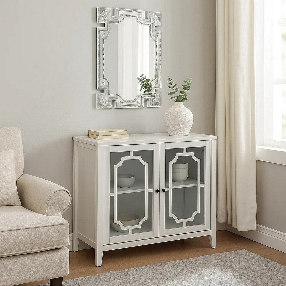 34 Inch Wood Accent Cabinet Console, 2 Glass Doors, 1 Shelf, White