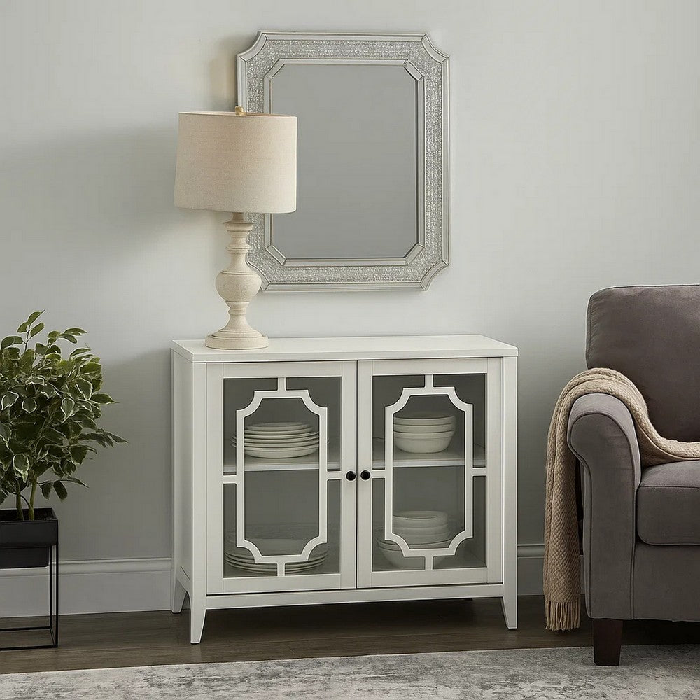 34 Inch Wood Accent Cabinet Console, 2 Glass Doors, 1 Shelf, White
