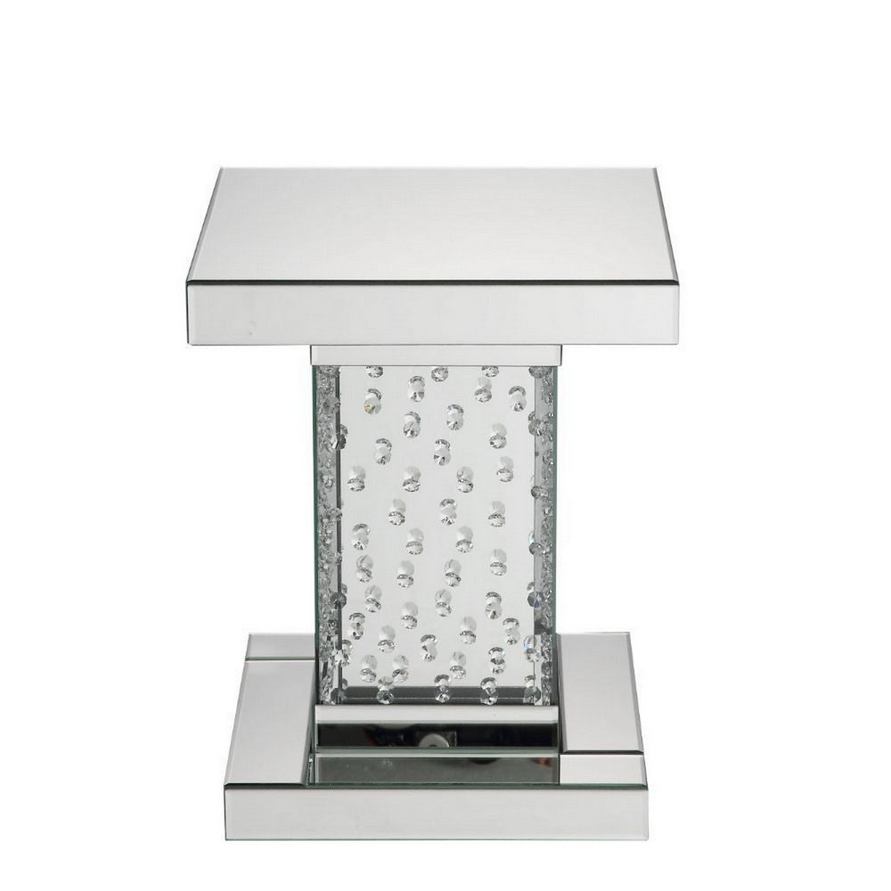 Pali 20 Inch Square Pedestal End Table, Mirrored, Faux Crystal Inlay, Silver