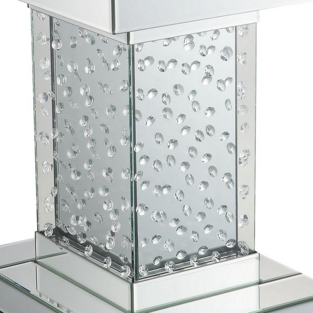 Pali 20 Inch Square Pedestal End Table, Mirrored, Faux Crystal Inlay, Silver