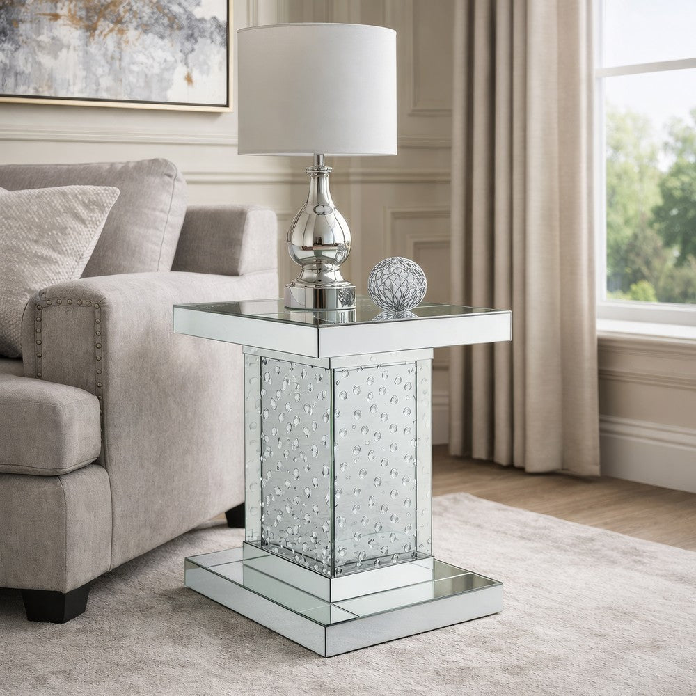Pali 20 Inch Square Pedestal End Table, Mirrored, Faux Crystal Inlay, Silver