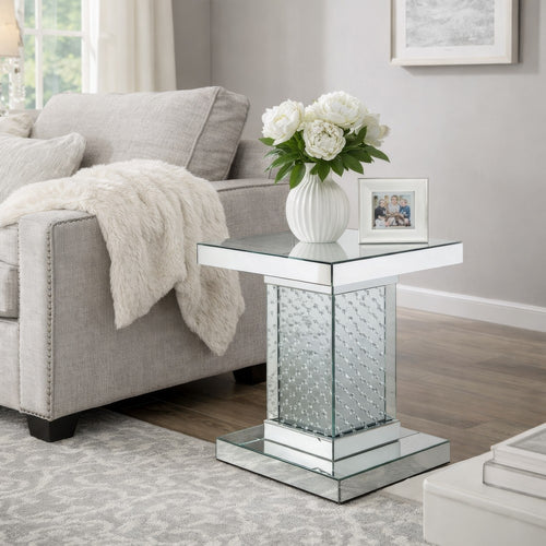 Pali 20 Inch Square Pedestal End Table, Mirrored, Faux Crystal Inlay, Silver