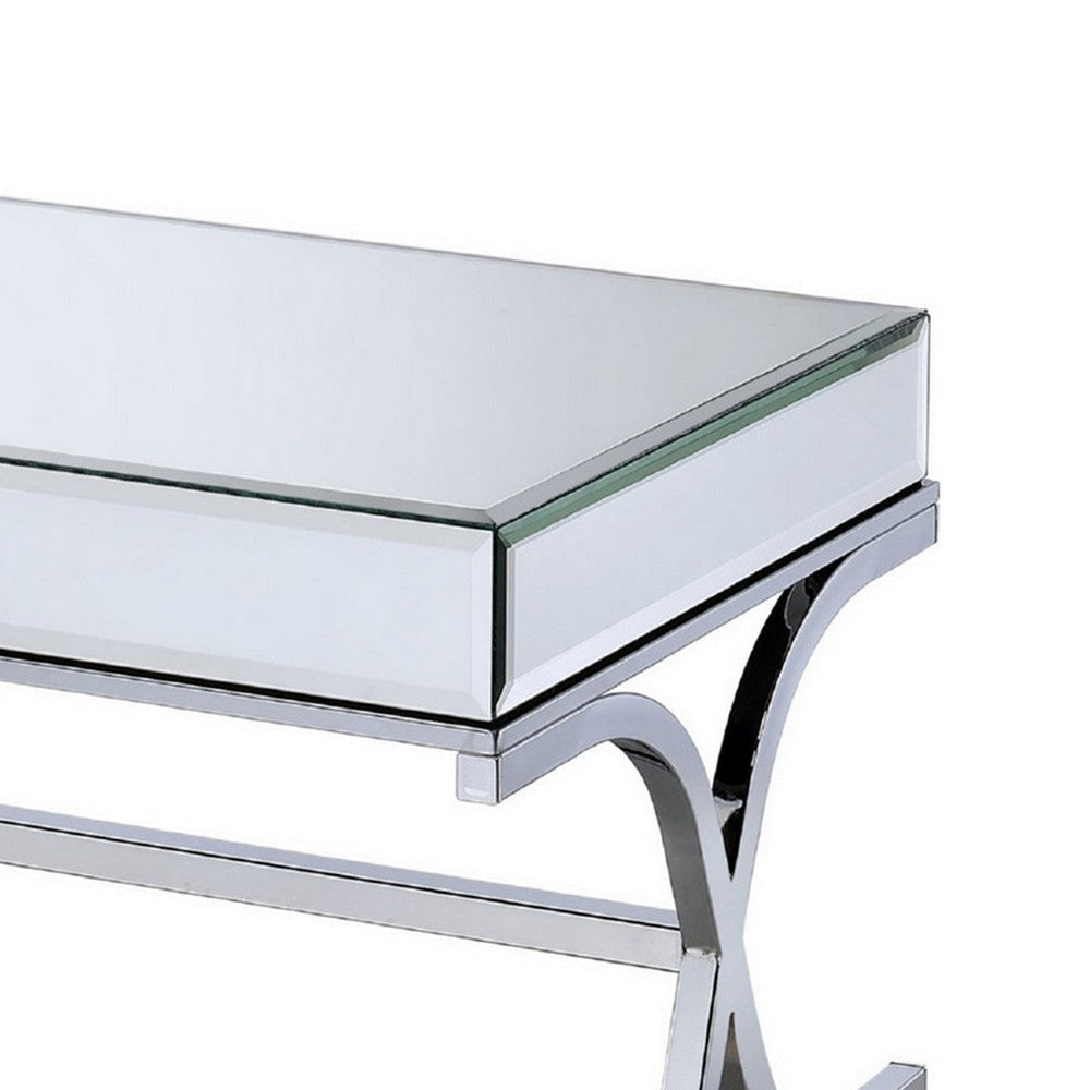42 Inch Rectangular Coffee Table Mirrored X Shaped Metal Legs Silver BM280271