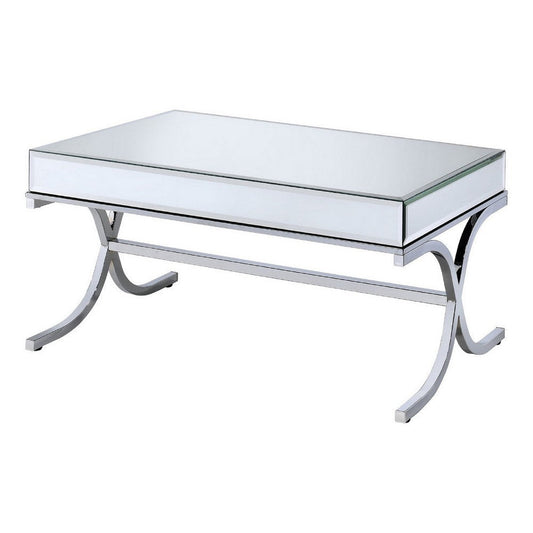 42 Inch Rectangular Coffee Table, Mirrored, X Shaped Metal Legs, Silver