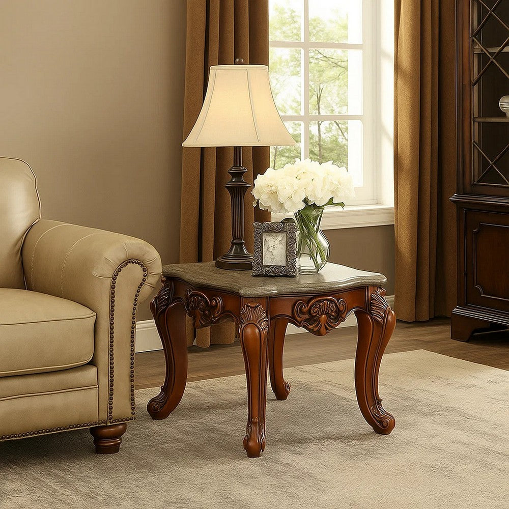 Arlo 30 Inch Classic Square Marble Top End Table, Cabriole Legs, Gray, Walnut Brown